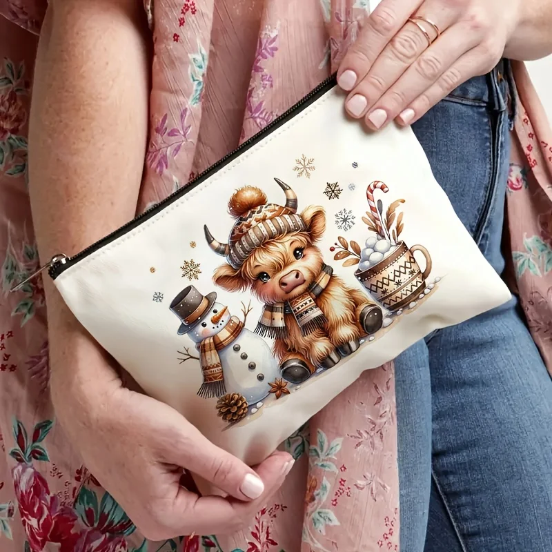 Kosmetyczka z motywem świątecznego bydła szkockiego - wielofunkcyjna saszetka na zamek błyskawiczny, etui na biżuterię, idealna podróżna mała saszetka na zamek błyskawiczny.