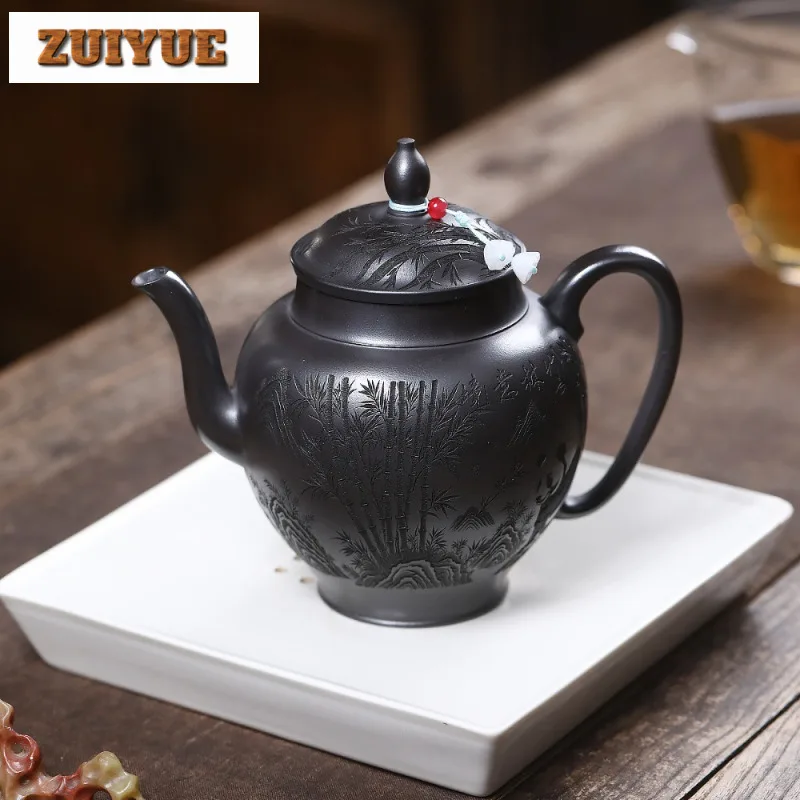 

550ml Yixing Purple Clay Teapots Handmade Panda Palace Lantern Pot Raw Ore Stone Yellow Mud Kettle With Filter Zisha Tea Set