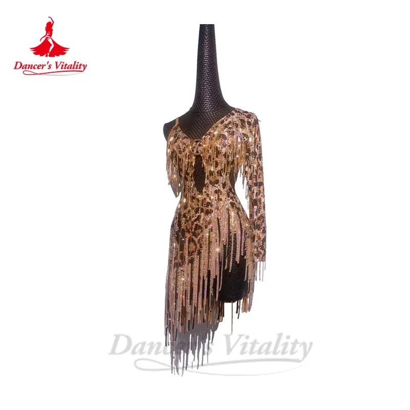 Latin Dance Clothes Women Custom Single Sleeves Rumba Chacha Tango Performance Clothing Adult Chill Latin Competiton Dresses