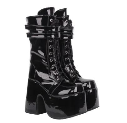 Punk Style Black Square Toe Mid-Calf Platform Women Boots Wedges Super High Heels Hook Loop Design Large Size Shoes view 5