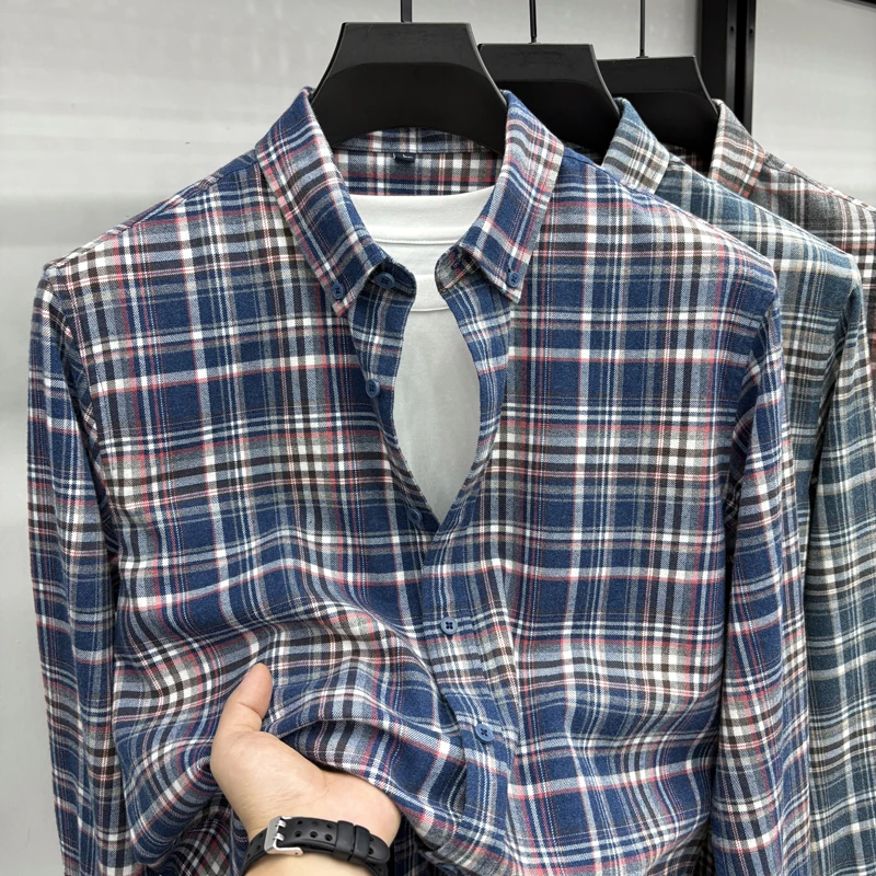 

Мужская рубашка из 100% хлопка, новинка 2023 года, осенняя клетчатая рубашка из чистого хлопка с начесом и длинными рукавами для людей среднего и молодого возраста
