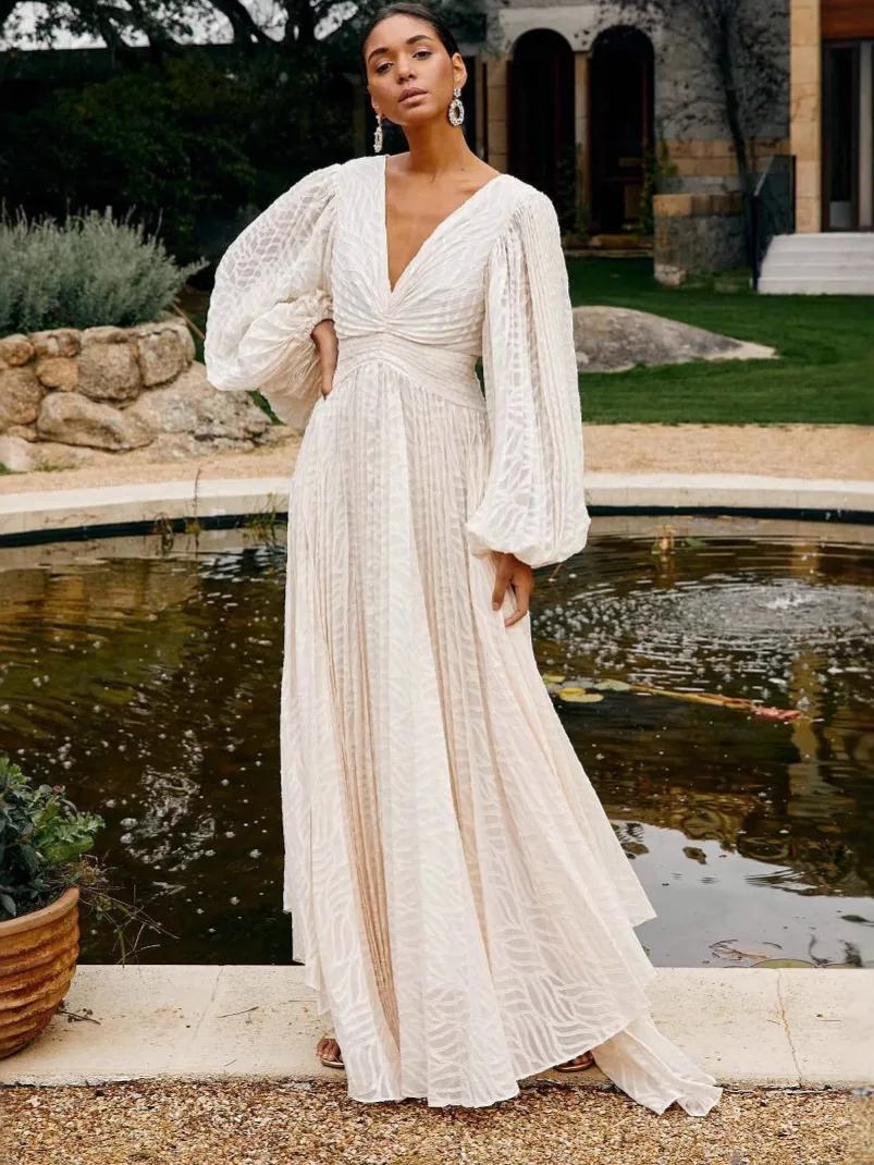 Sexy V-neck Lantern Sleeve Temperament Dress Women Fashion Jacquard Solid Loose Party Dress Elegant Draped Evening Long Dresses