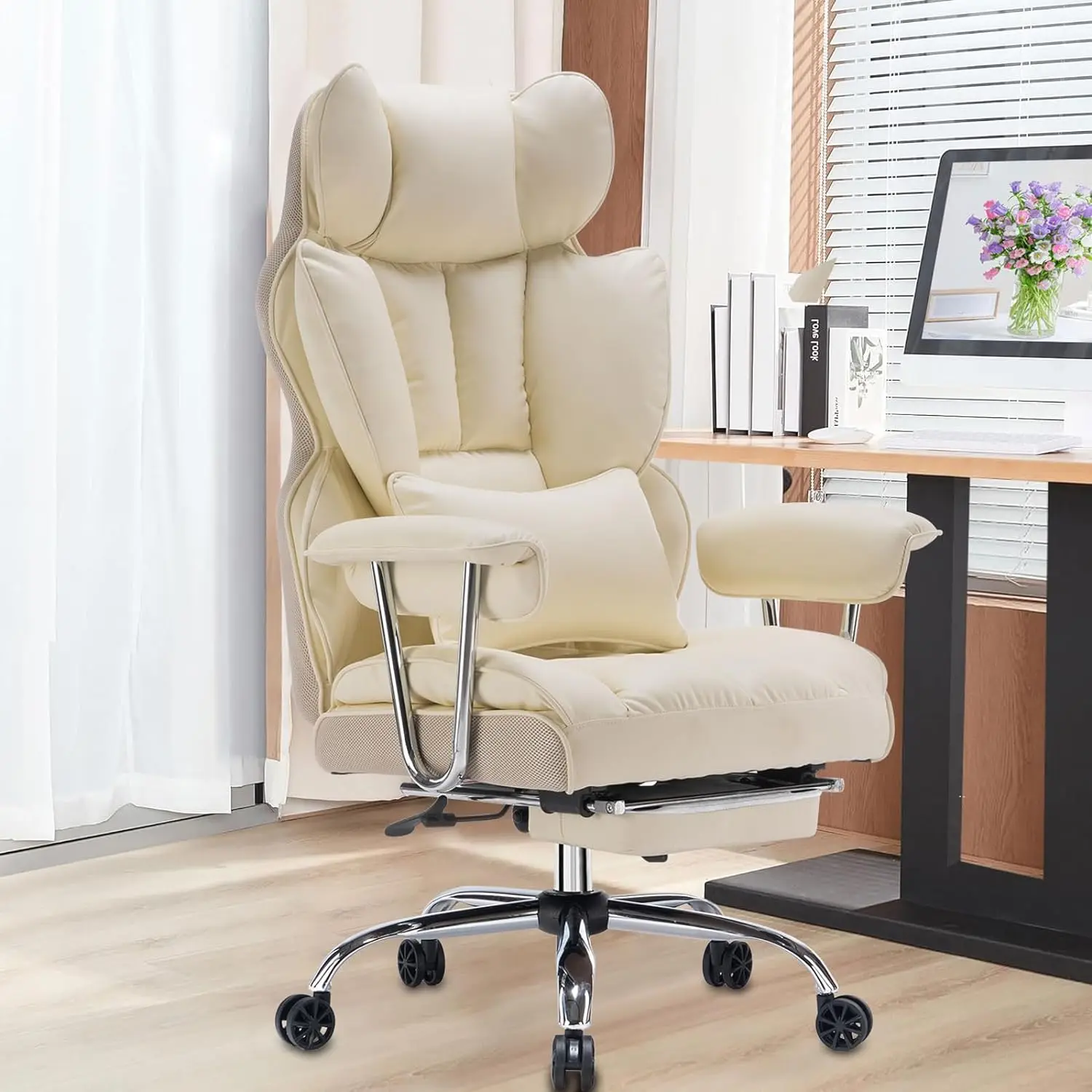 

Desktop office chair 400LBS, PU leather computer chair, executive office chair with leg rest and lumbar support, beige