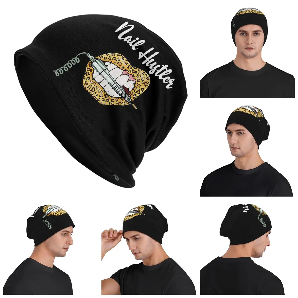 

Leopard Lips With Nail Technician Drill Cool Nail Hustler Warm Knitted Cap Fashion Bonnet Hat Autumn Beanies Hats Unisex Adult