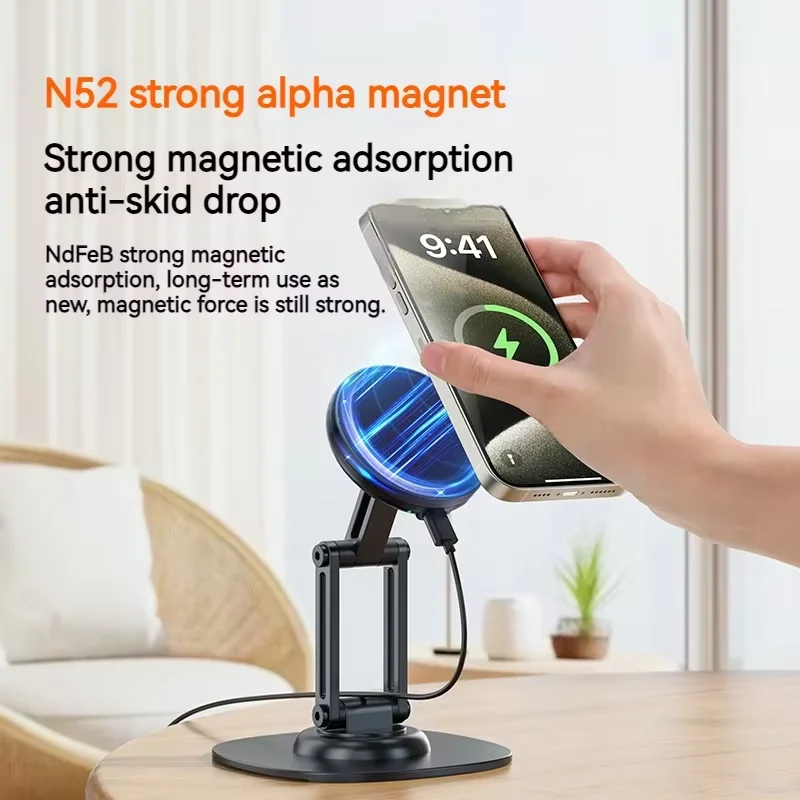 Metal Magnetic Wireless Charger Fast Charging Station Desktop 360 Foldable phone Holder For Iphone 15 14 13 12 Pro Max Samsung