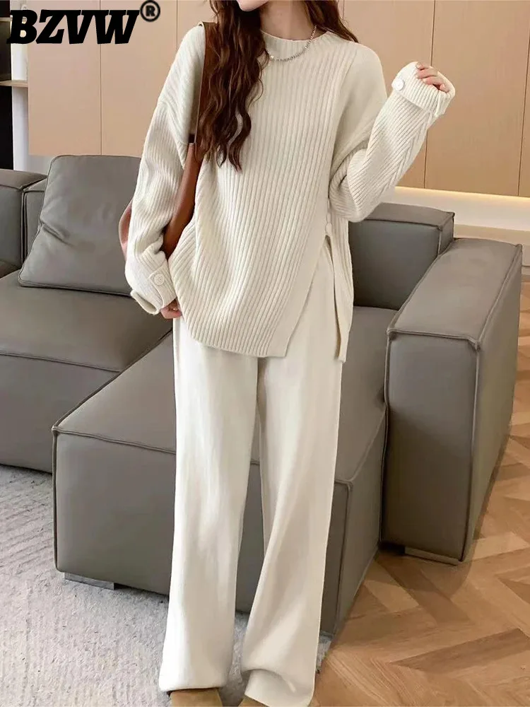 BZVW Casual Sporty Style Two-piece Set Women\'s O-neck Solid Color Side Split Sweater With Fashion Pants 2024 Autumn New 25A8673