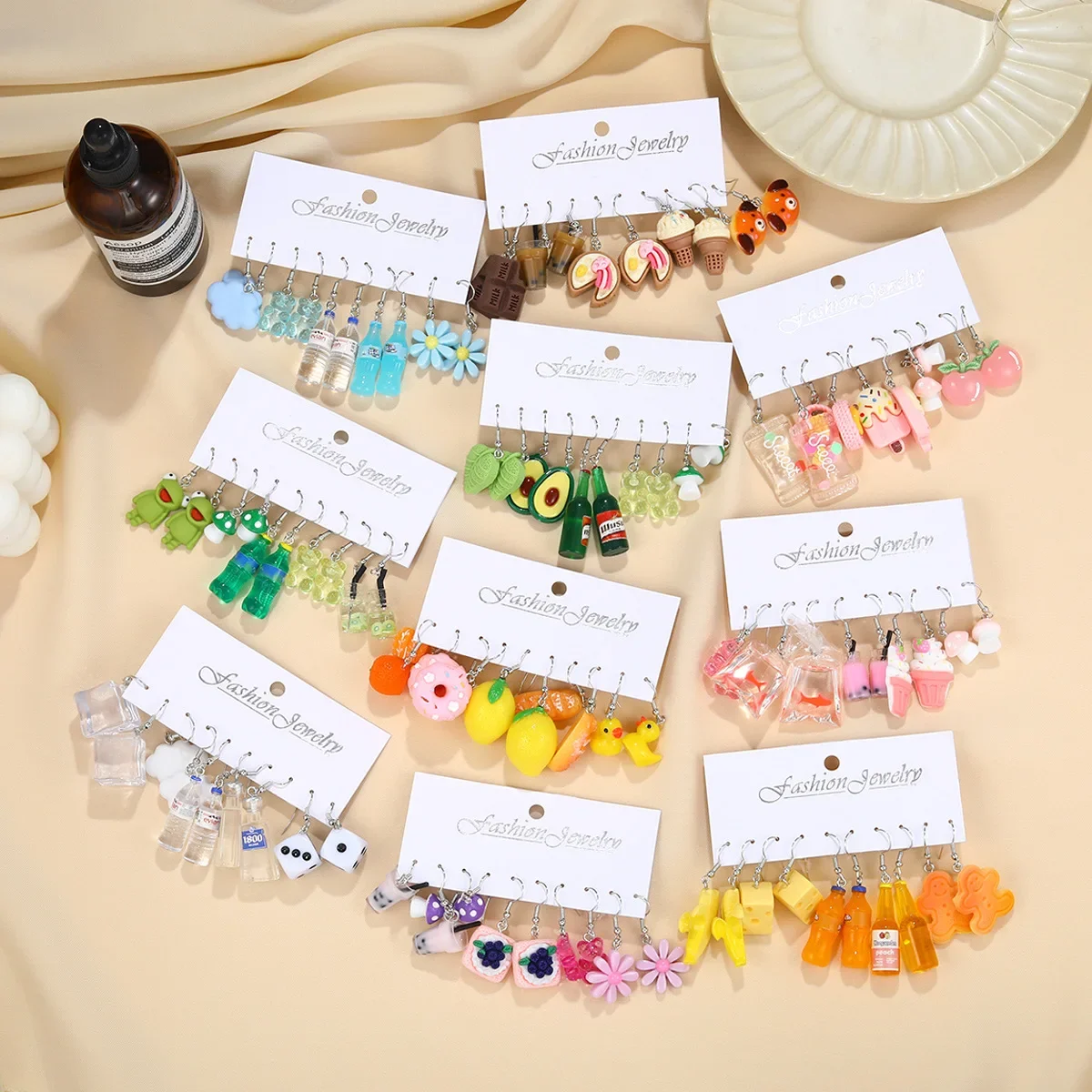 New Simulation Food and Beverage Fruit Resin Earring Set, Five Pairs of Fresh and Sweet Temperament Earrings for Women