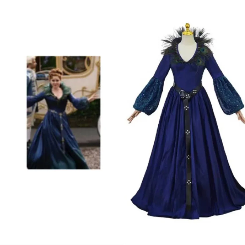 

Magic House 2 Princess Giselle Cosplay Costume Blue Dress with Peacock Feather Collar for Women Halloween Party Outfit