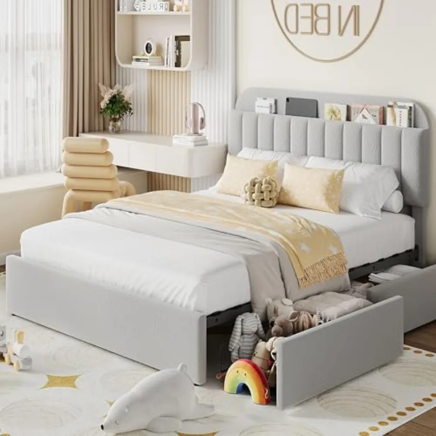 

Bed Frame with 2 Flexible Drawers and Bookcase Headboard, Boucle Upholstered Platform Bed for Boys/Girls, Noise-Free, Easy Asse