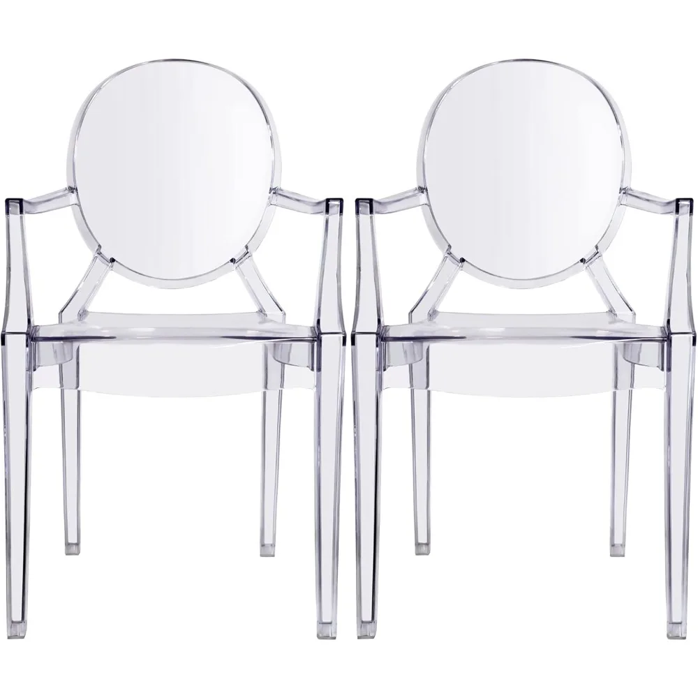 Set of 2 Clear Louis Ghost Dining Armchairs Polycarbonate Acrylic Transparent Crystal Chair with Arms Glass Modern Mid Century