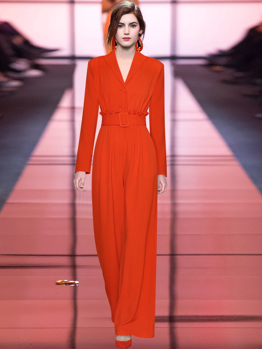 Slim Fit Long Sve Collared Overalls with Belt kets High Waist Wide Leg Pants Thin Design Spring New Arrival Women's Clo...