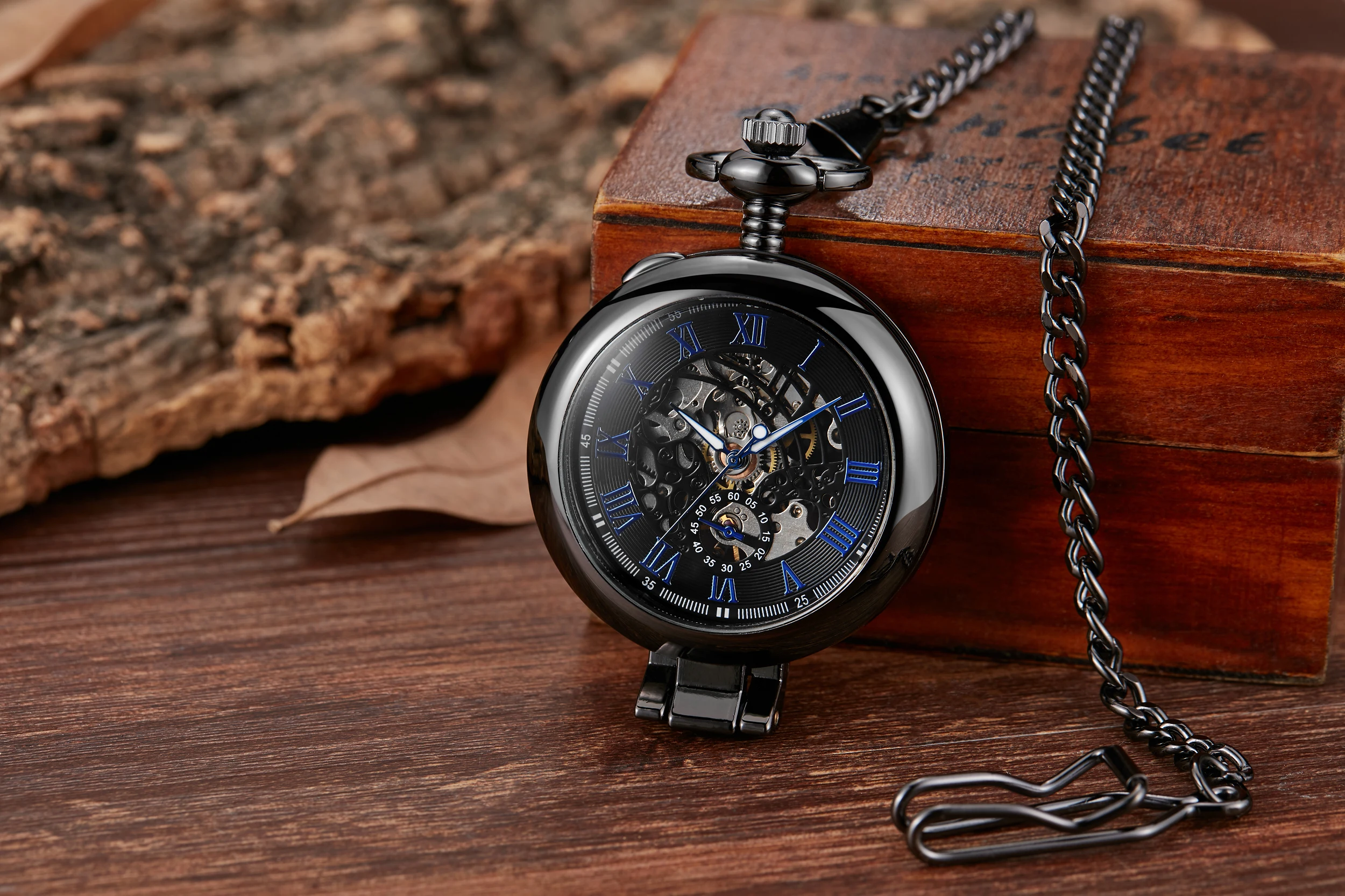 Reloj de bolsillo de acero inoxidable para hombre, cronógrafo mecánico con cadena Fob, esfera de esqueleto, plateado, a la moda, novedad