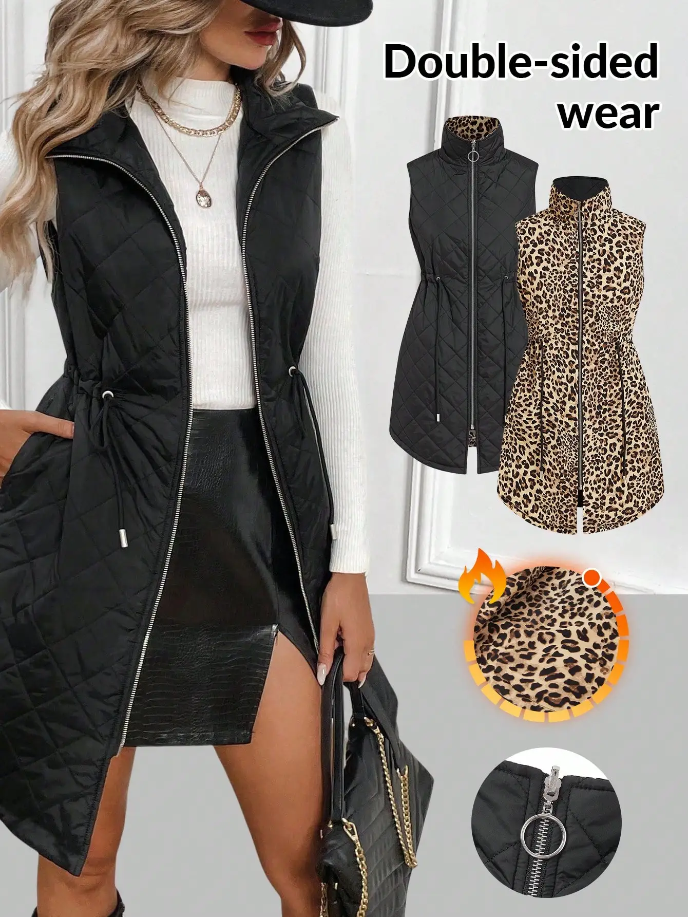 

Women's Reversible Quilted Vest with Leopard Print, Zipper Front, Drawstring Waist for Winter