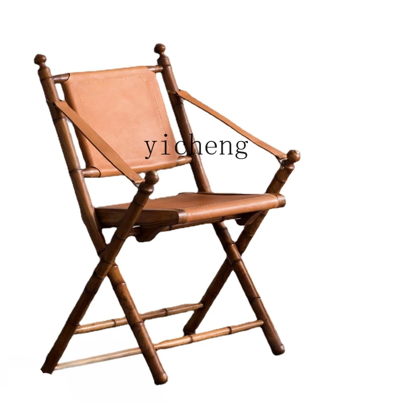 

Tqh Solid Wood Folding Chair Leather Hunting Chair Retro Leisure Armrest Balcony Recliner