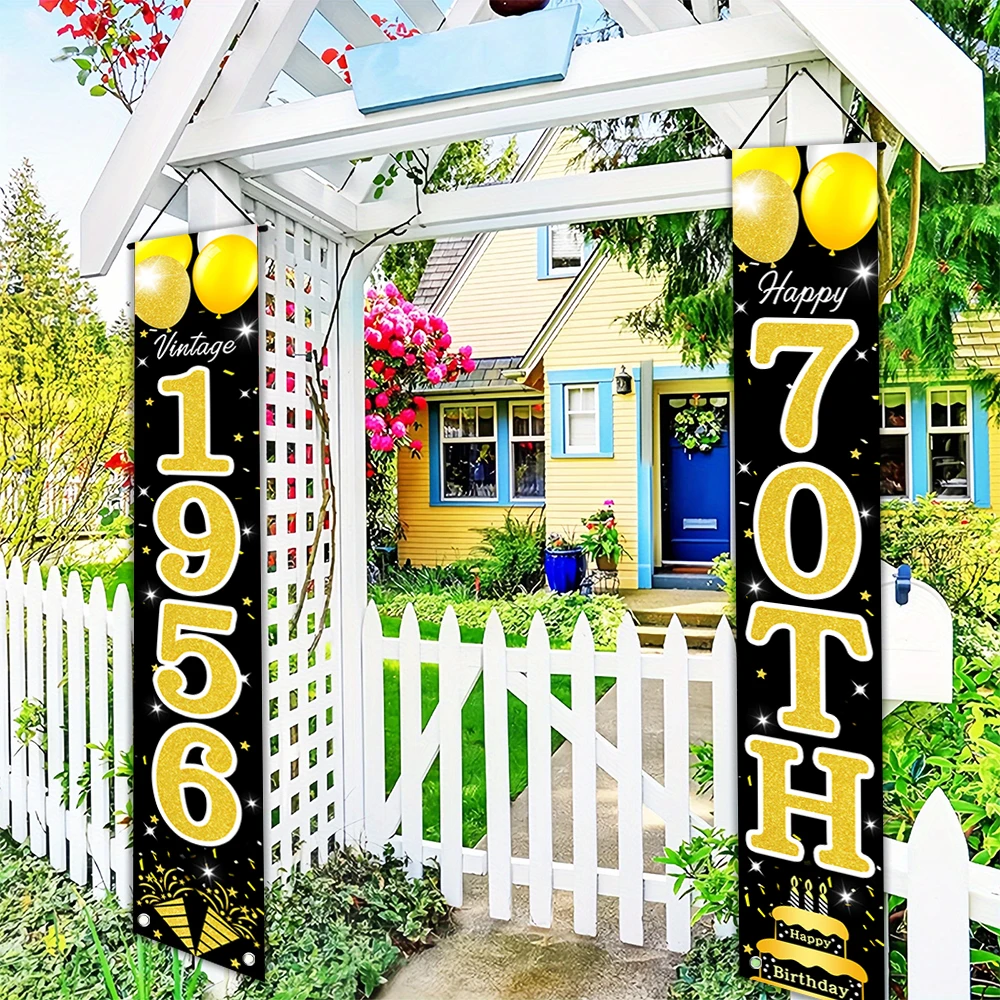 Schwarz-Gold Glitzer 70. Geburtstag Veranda-Banner, Retro 1956 Vintage Geburtstags-Türbanner mit Luftballons und Kuchen für die Feier – Detail 8