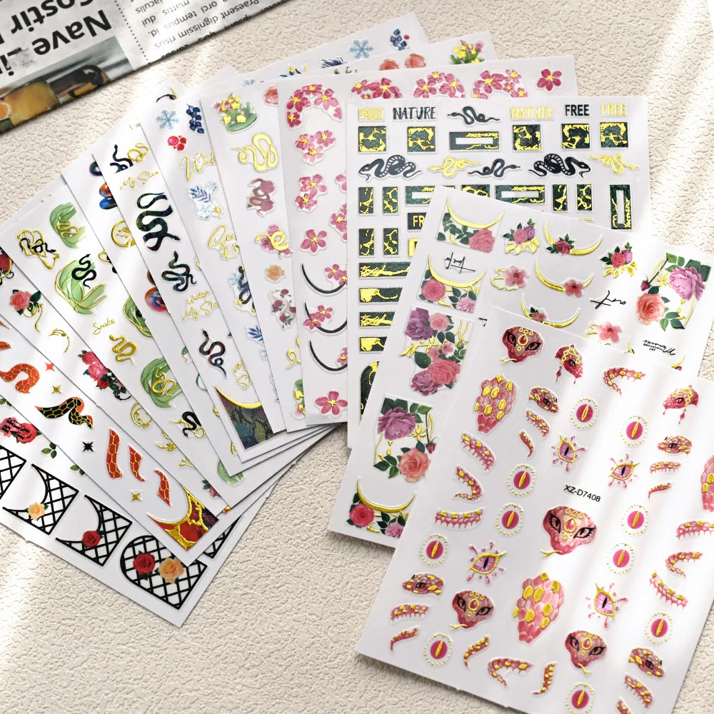 12 pezzi adesivi per unghie in stile cinese 3D punk serpente peonia fiore decalcomanie per nail art abbronzante cursori per manicure autoadesivi colorati