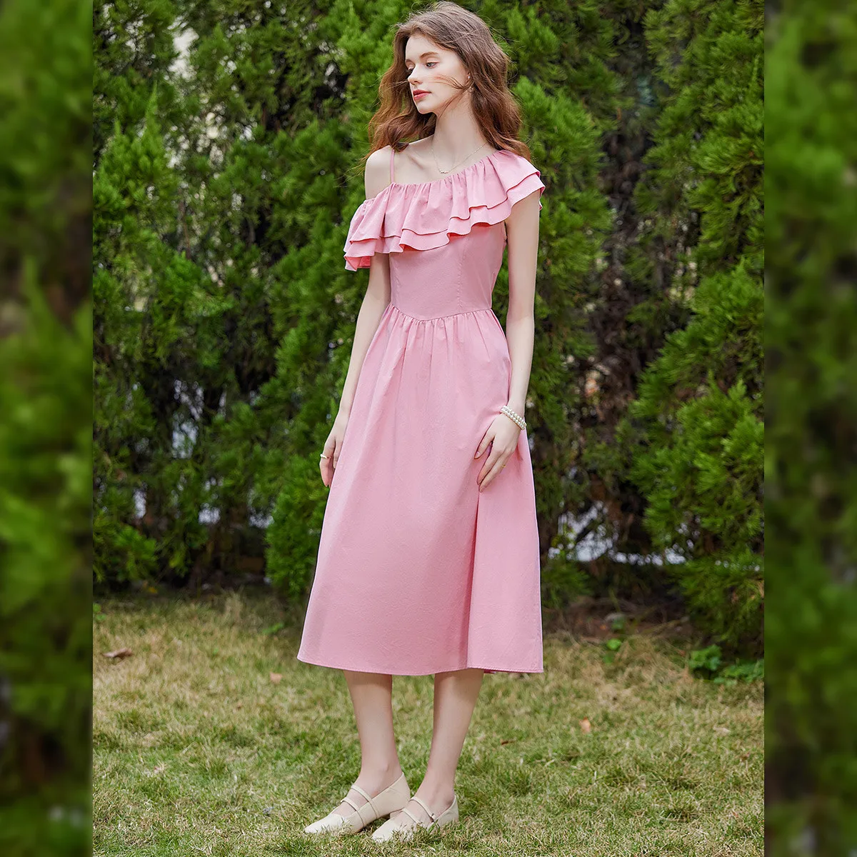 Louis yao vestido de camada dupla com borda plissada, verão 2021, elegante, linha a, gola inclinada, alça lateral única, vestido feminino