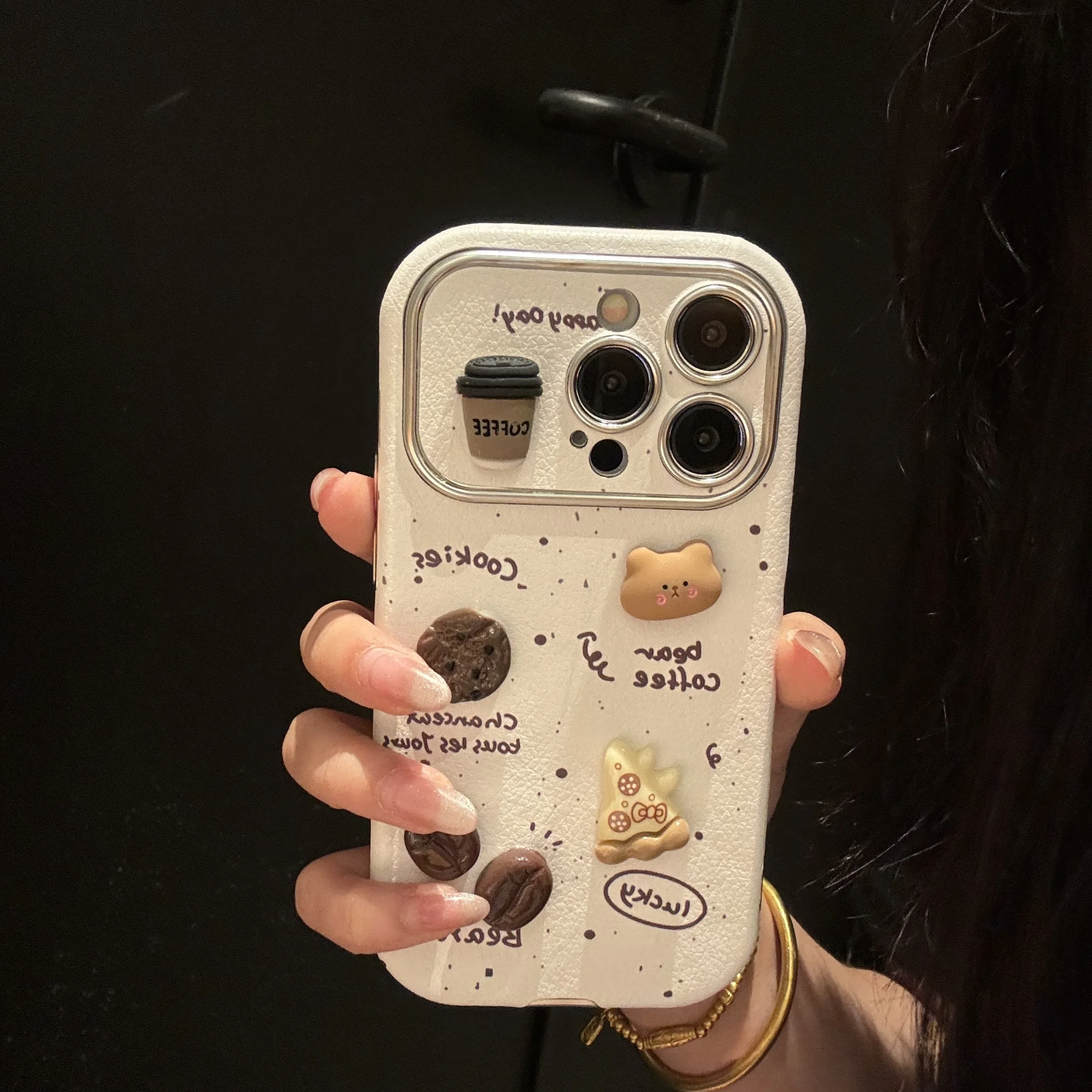 Korean INS Cartoon 3D Coffee Beans Stickers Big Lens Frame Case for iPhone 15 14 13 11 Pro Max Plus Back Cover for 12 Pro Max