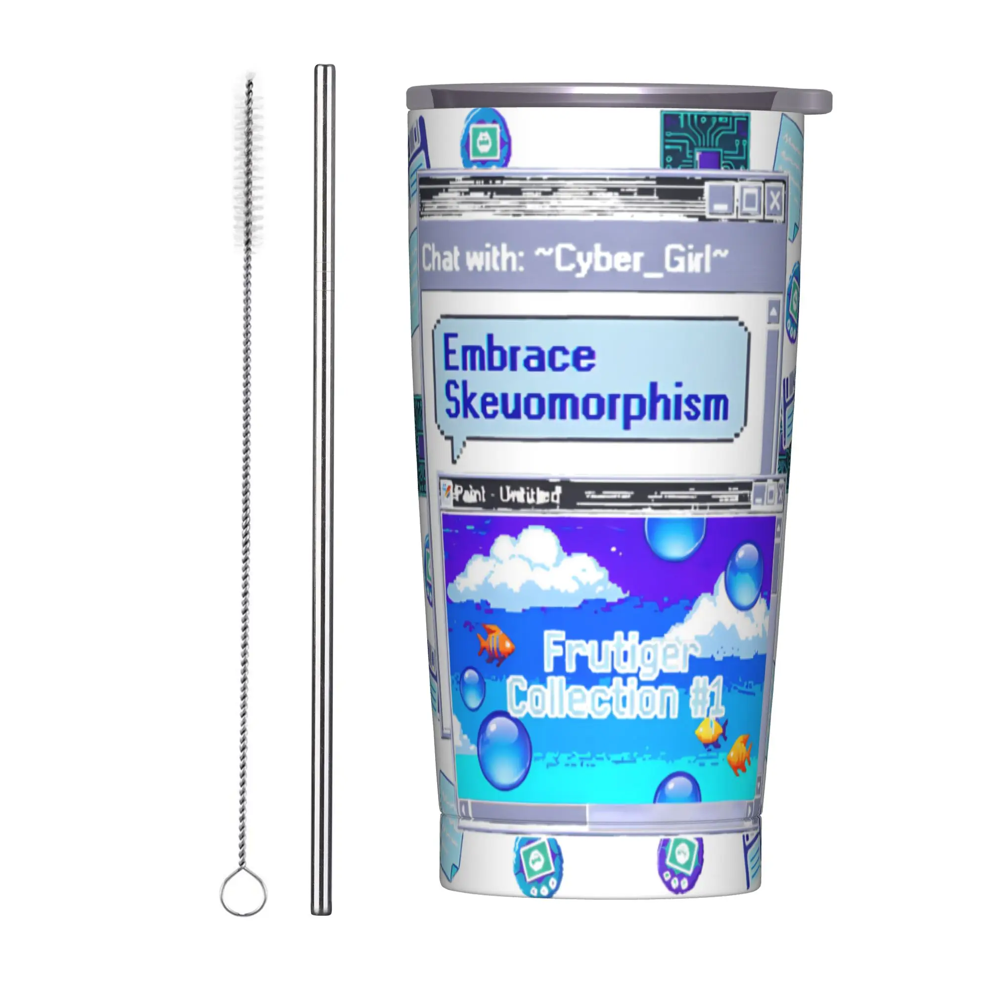 Embrace Skeuomorphism Frutiger Aero Pixel Desktop Tumbler Vacuum Insulated Thermal Cup Stainless Steel Car Mug Water Bottle 20oz