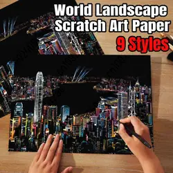 Magic Rainbow Color Scratch Art Painting Paper Card Kit World Landscape Drawing Board Kids DIY Educational Toys New Year Gifts