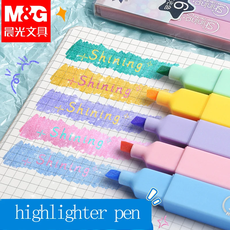 

M&G Highlighter Pen, Double-ended Highlighter Pen, Axe Head and Round Head, Glitter Ink, Drawing, Note-taking, Student and Offic