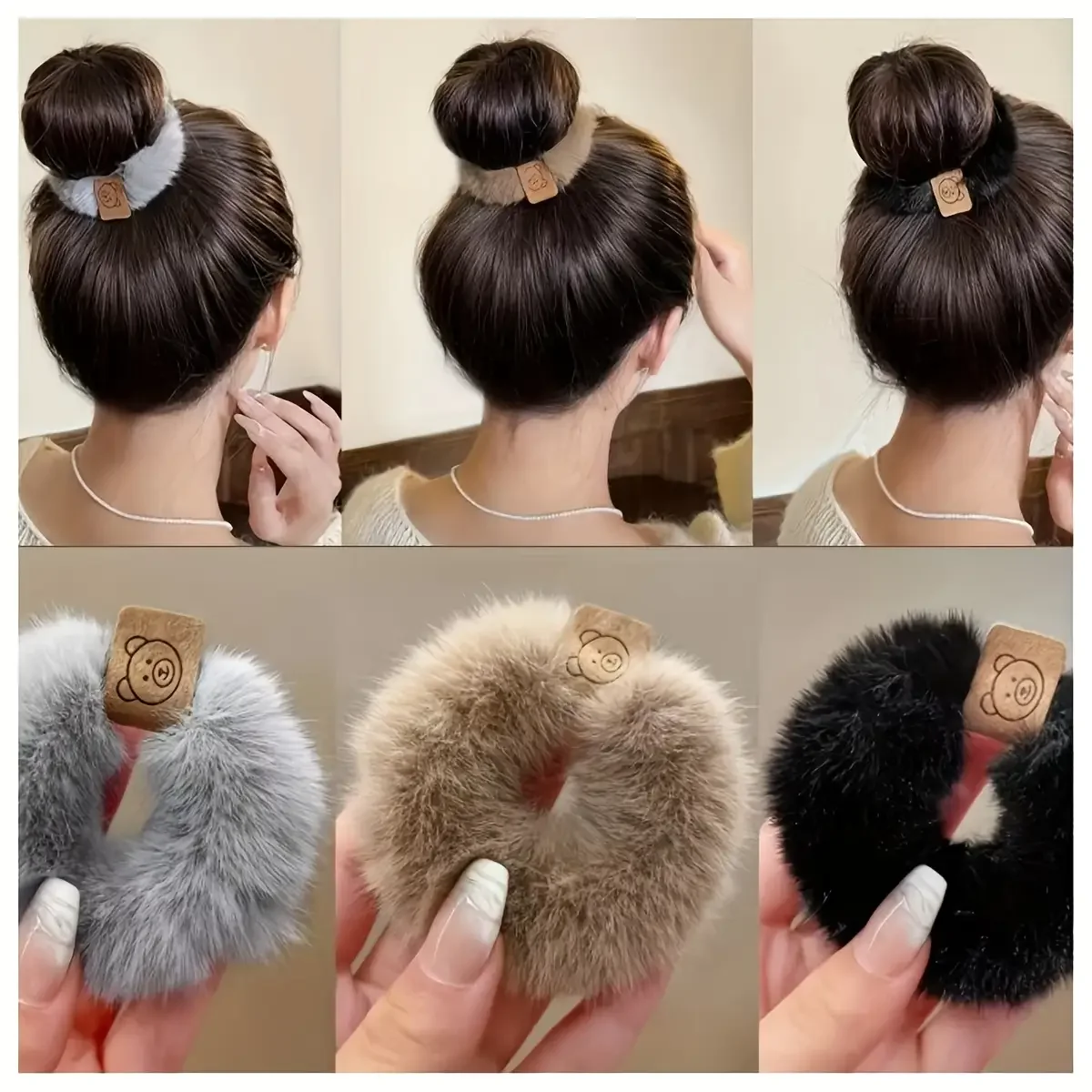 3-teiliges Set aus Plüsch-Haarbändern mit Wintermotiven, bezaubernd | Hochelastisches, niedliches Pferdeschwanz- und Hasen-Haaraccessoire-Set für Mädchen – Detail 6