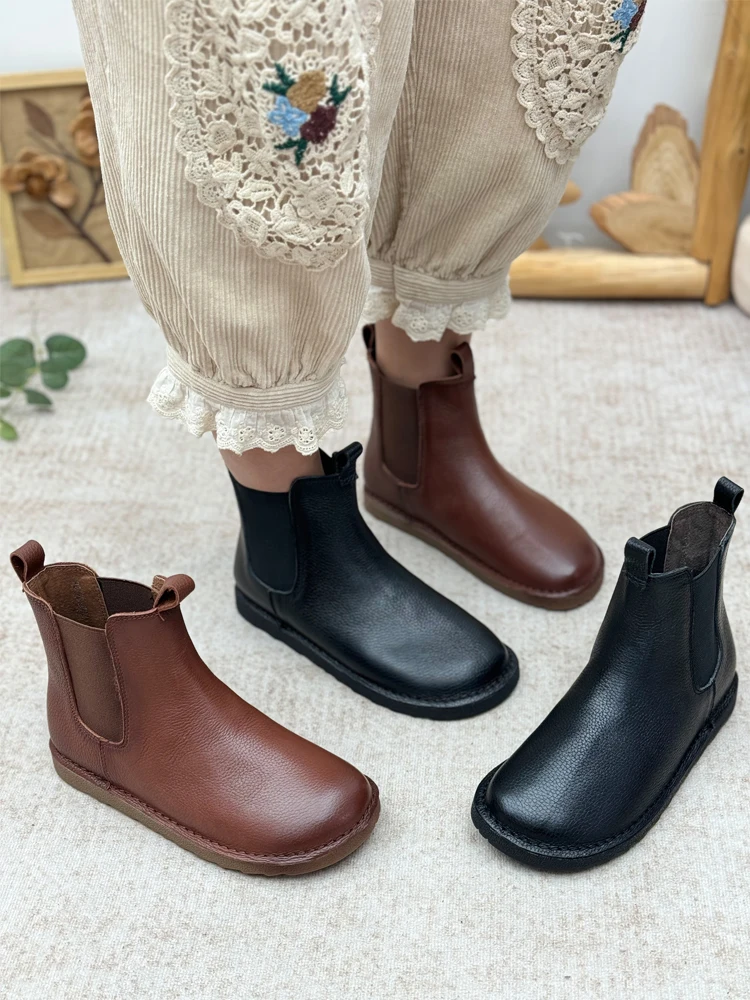 

Retro Genuine Leather Chelsea Boots Women's Flat Bot Soft Sole Faion Boots Easy Wear Boots Spring Autumn Season