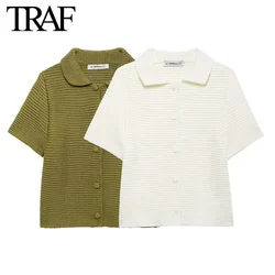 TRAF Women Fashion New 2024 Short Sleeve Single-breasted Lapel Knitted Jacket Sweater Cardigan Chic Female Knit Coat Mujer