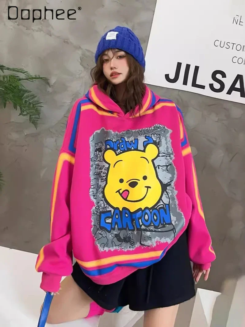 

Winter Oversized Hoodies Women Gradual Color Contrasting Edge Loose Hooded Sweatshirts Casual Graffiti Cartoon Fleece Hoodie