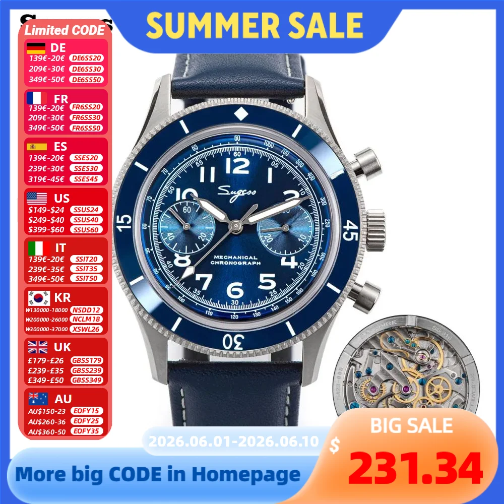 Sugess Watch 1963 Men Watches ST1901 Chronograph Luminous Mechanical Wristwatches Waterproof Crystal Sapphire Italian Leather