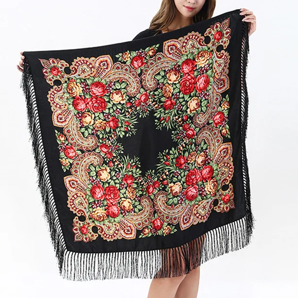 Women Luxury Floral Printed Russian Scarf Ukrainian Fringed Square Scarves Babushka Handkerchief Head Wraps Travel Shawl