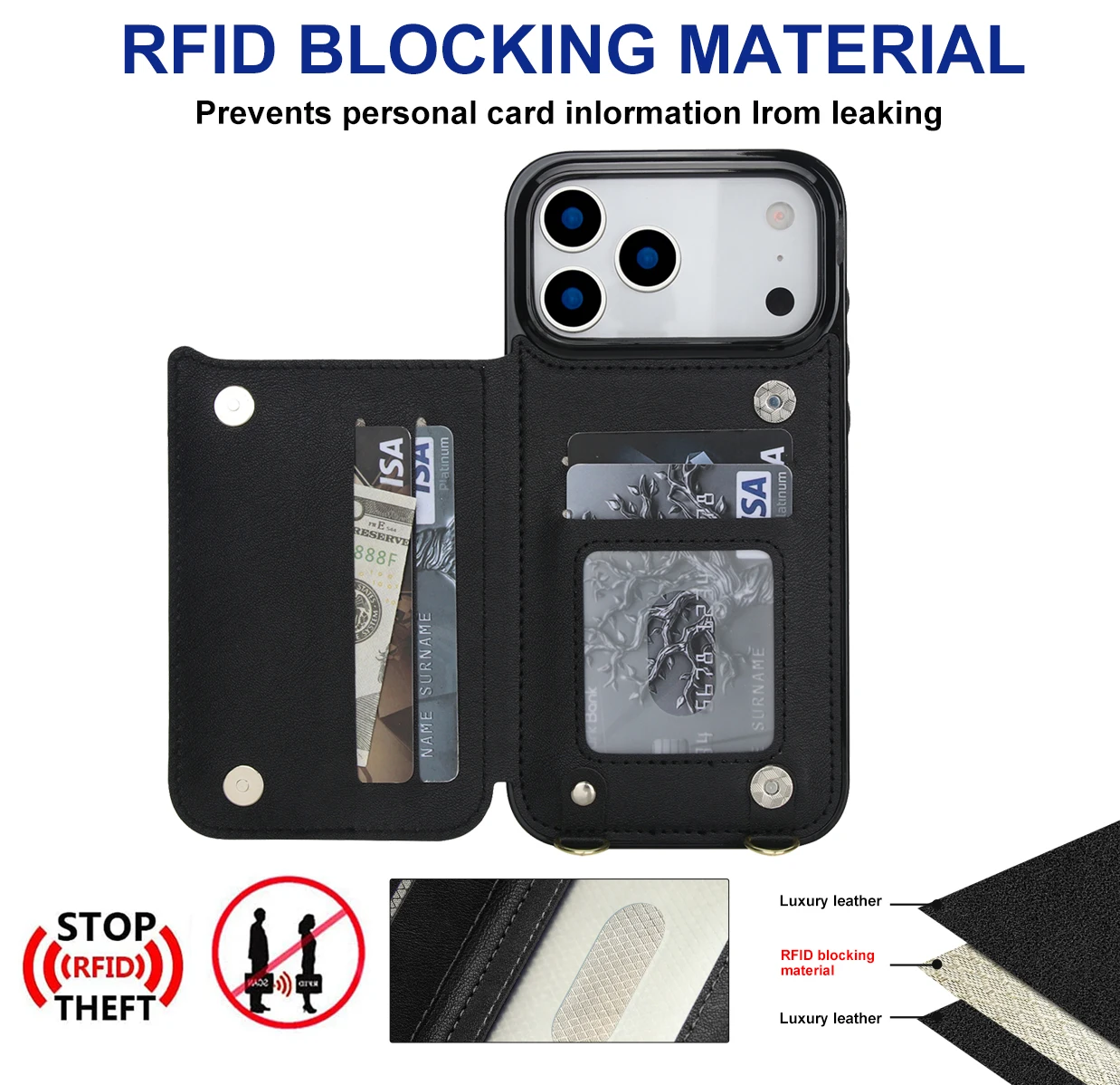Luxury Crossbody Strap Wallet Leather Card Holder Kickstand Case For iPhone 17 Pro Max 16 15 14 13 12 11 Pro Max Plus RFID Cover