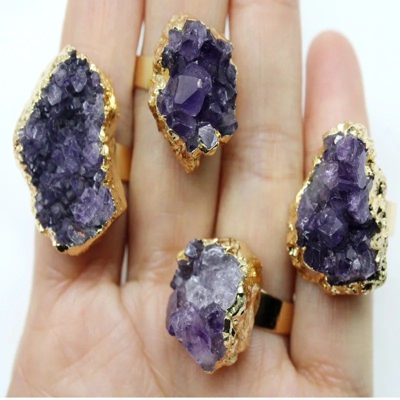 

2pcs Natural Stone Irregular Amethysts Rings Fashion High Quality Reiki Heal Druzy Ring for Women or Girlfriend Party Gift