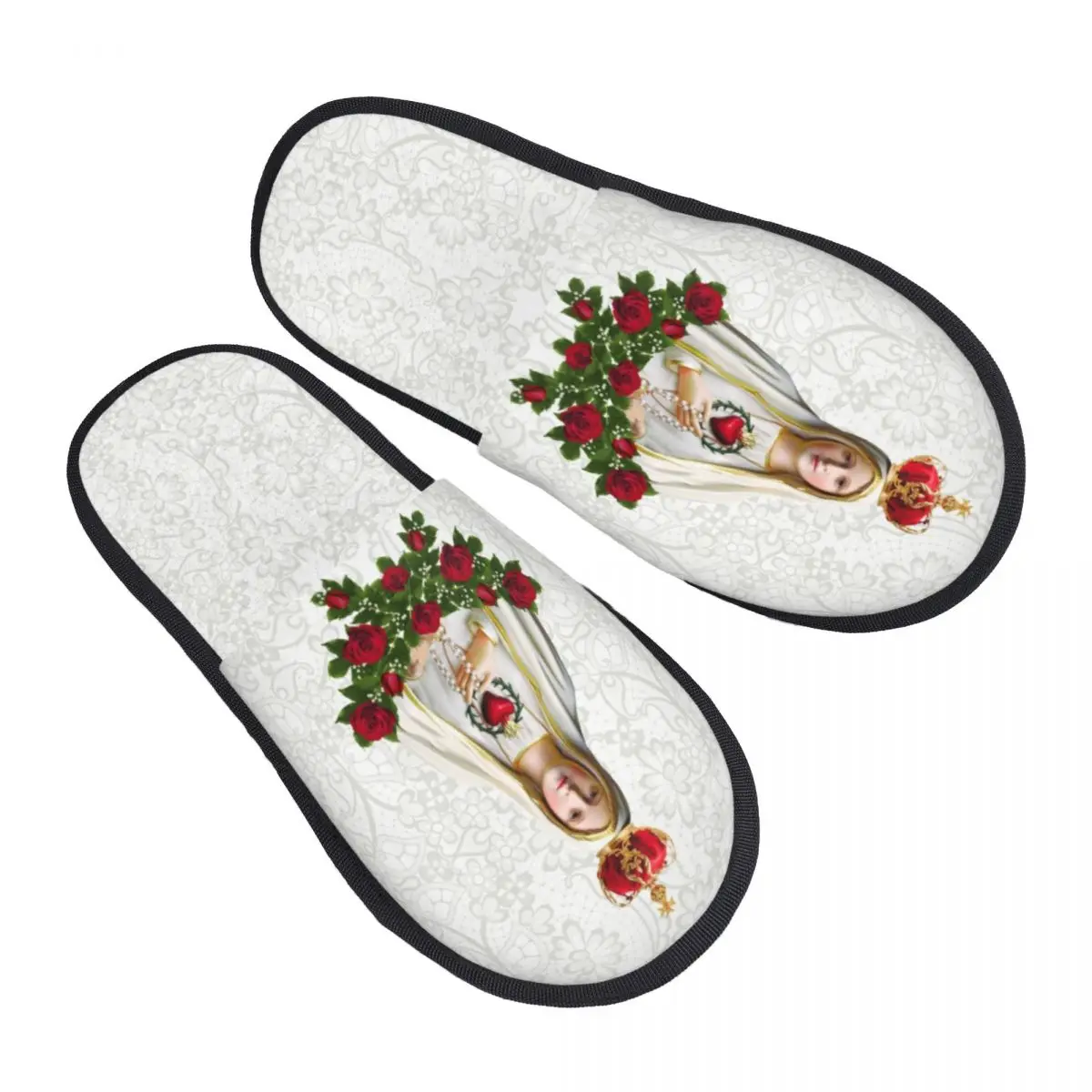 Zapatillas personalizadas de espuma viscoelástica de Nuestra Señora de Fátima, Virgen María, cómodas y cálidas zapatillas de casa católica con Rosario de Portugal