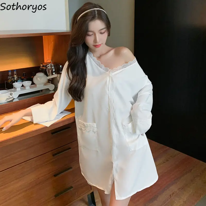 White Nightgowns Women Design Lace V-neck Single Breasted Mini Nightdress Sexy Sleepwear Breathable Long Sleeve Sleepshirts Lady