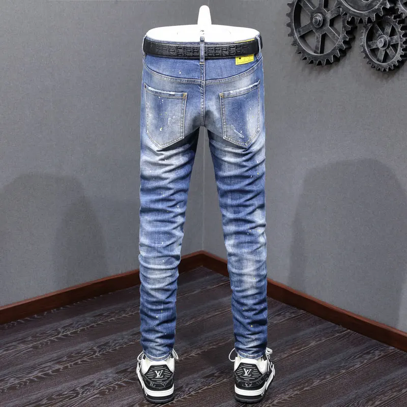 High Street Fashion Men's Stretch Jeans Stretch Tight Color Split Jeans Patch Designer Retro Blue Hip Hop Brand Pants Hombre