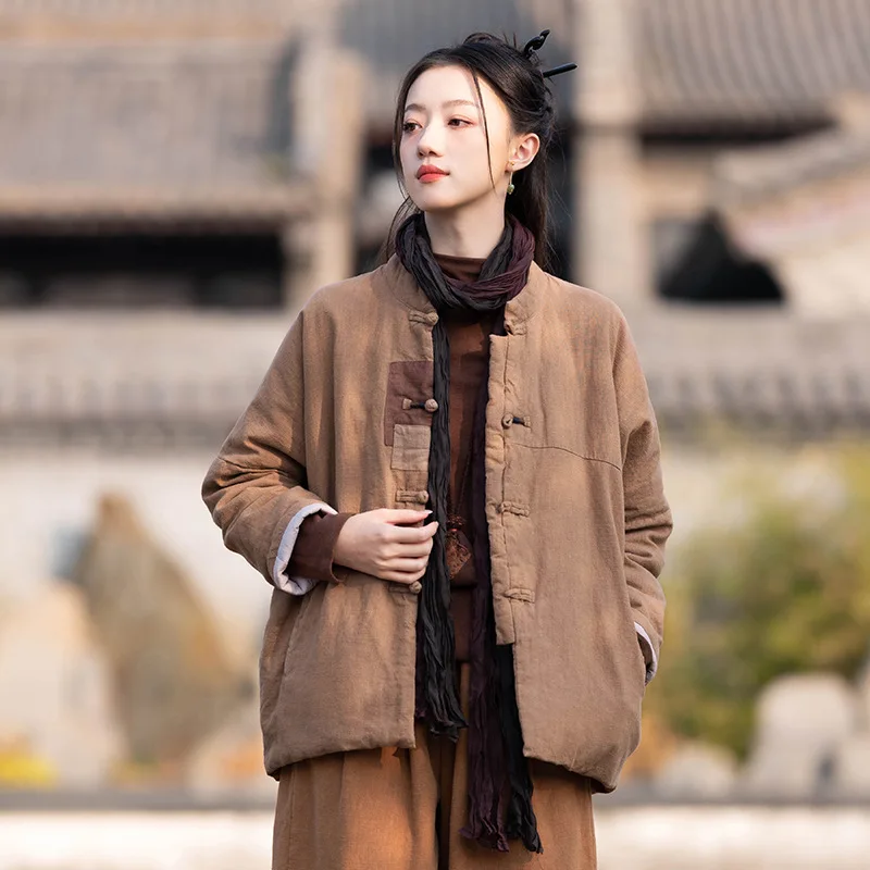 

Свободная женская зимняя куртка из хлопка и льна в стиле пэчворк, ретро, с воротником-стойкой, на пуговицах, утепленная, с длинными рукавами