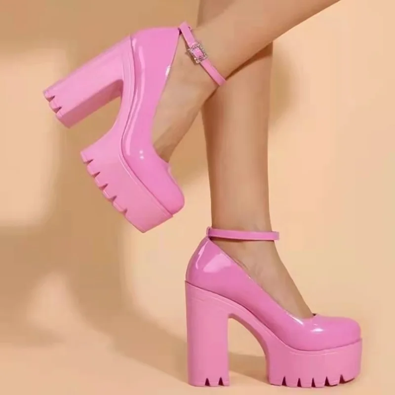 Chunky Heeled Ankle Strap Pumps Sweet Platform Pink Square Heel Woman High Heels Pumps Platform Shoes 2022 Spring Woman Shoes