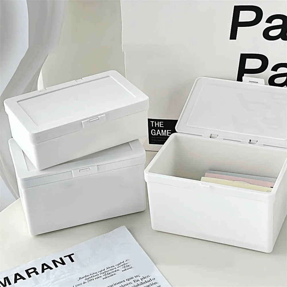 Simple Plastic Desktop Organizer Dustproof Stackable Stationery Storage Box With Flip Cover White Large Capacity Storage Case