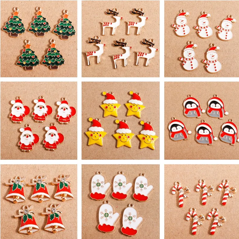 10pcs Mix Cute Enamel Christmas Charms for Jewelry Making Christmas Tree Deer Bell Charms Pendants for Necklaces Earrings Gifts