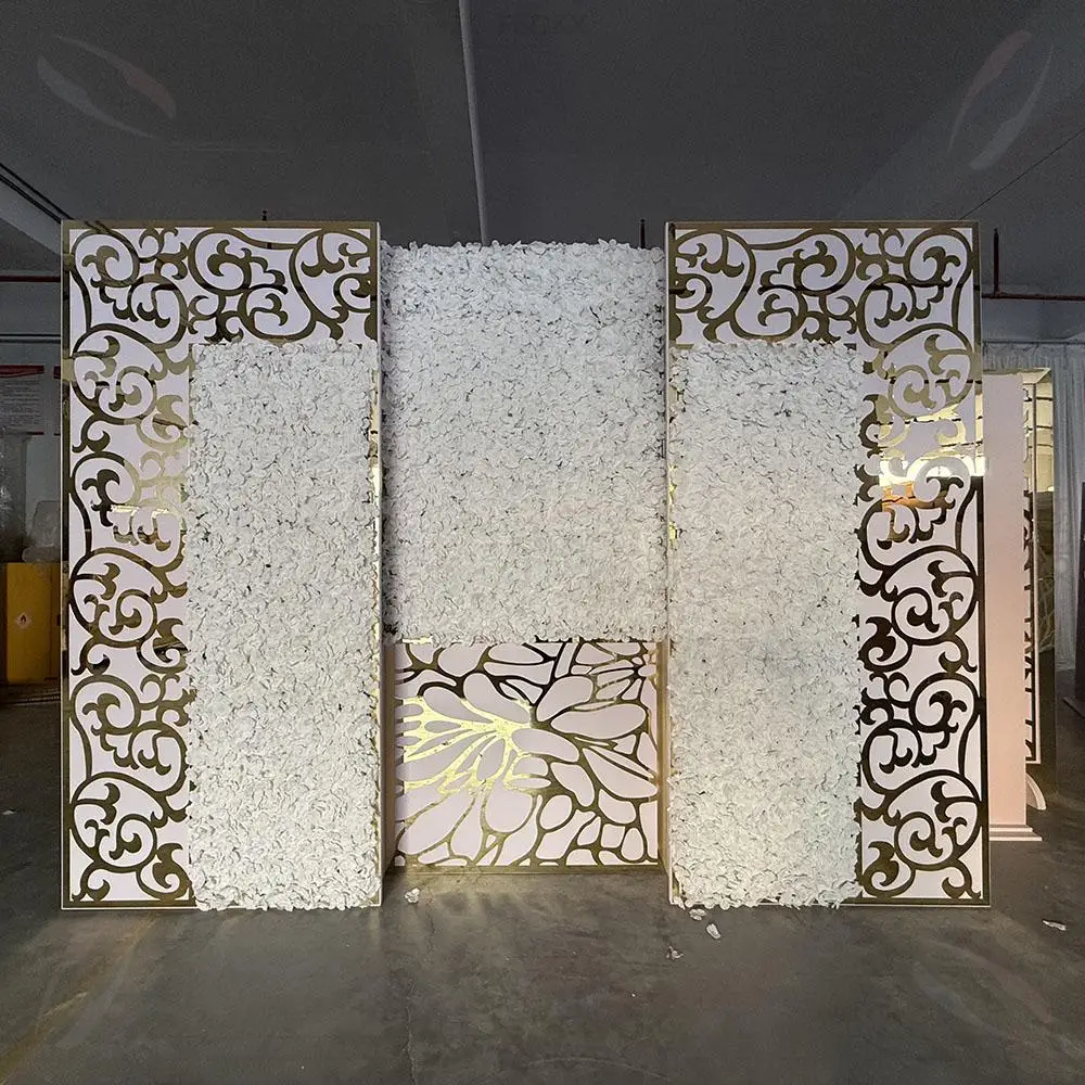 

Factory Hot Sales White and Gold PVC Acrylic Wedding Backdrop with Flowers
