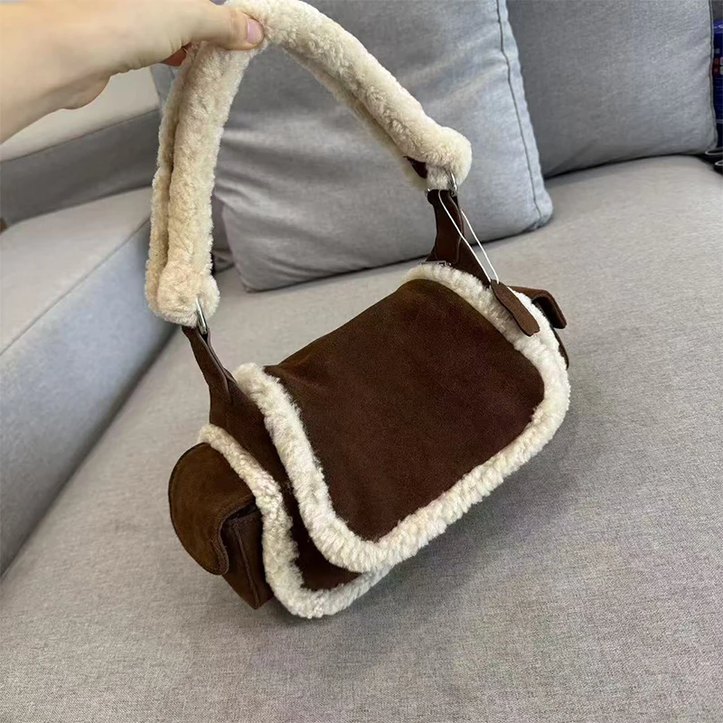 Luxury Desinger Cowhide Leather Underarm Bag Real Wool Frosted Handbags With Pocket Winter Women Plush Underarm Shoulder Bags