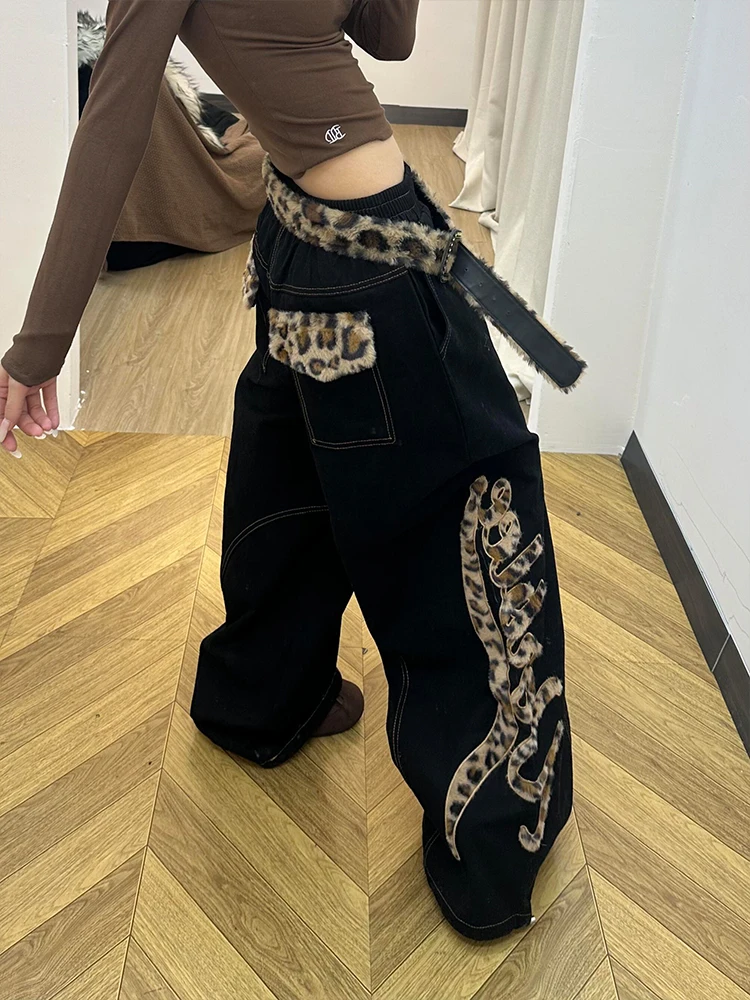 

American High Street Design Leopard Print Splicing Denim Pants Women Sexy Retro Personali Trendy Wide Leg Floor-Length Trou...