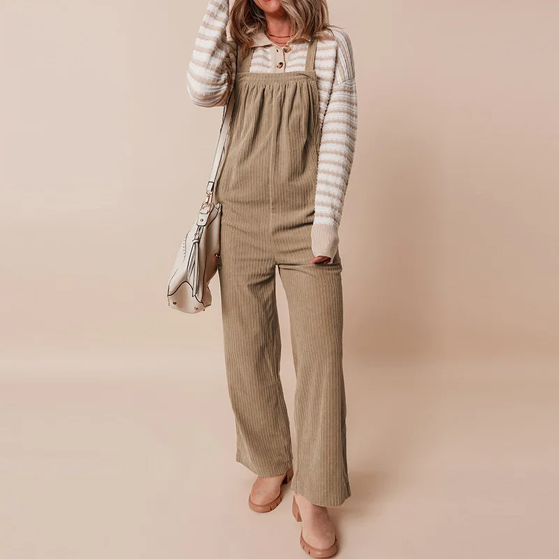 Solid Color Corduroy Jumpsuit For Women Overall Straight Leg Pants Casual Multi Pocket Sleeveless jumpsuits Boho Beach Romper