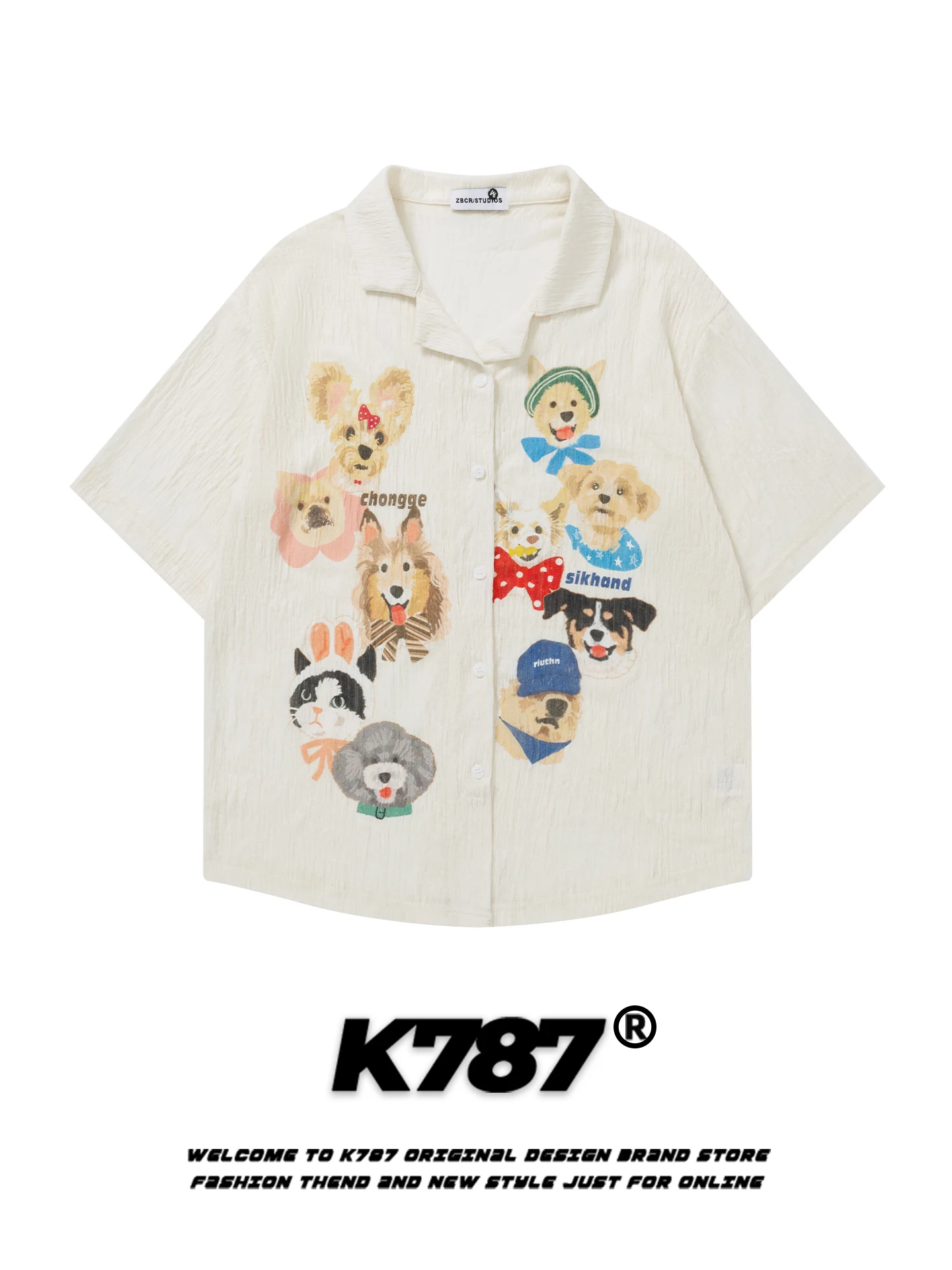 

Мужская повседневная рубашка K787 в американском стиле с мультяшным принтом собаки, свободного кроя, с коротким рукавом, в университетском стиле, белая/абрикосовая