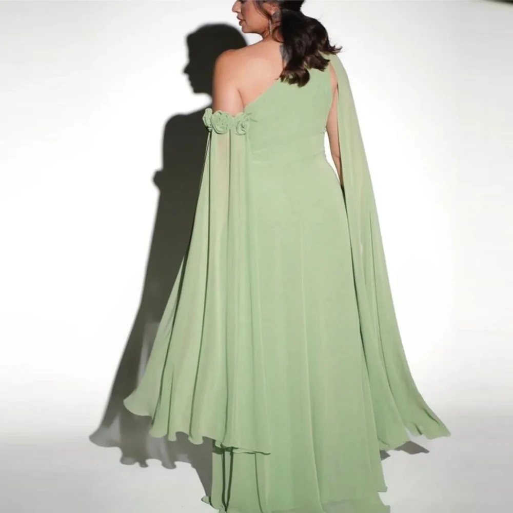 Mint Green Prom Dresses With Flower A-Line One Shoulder Pleated Evening Gown Chiffon Floor Length Floor Length Formal Party Wear