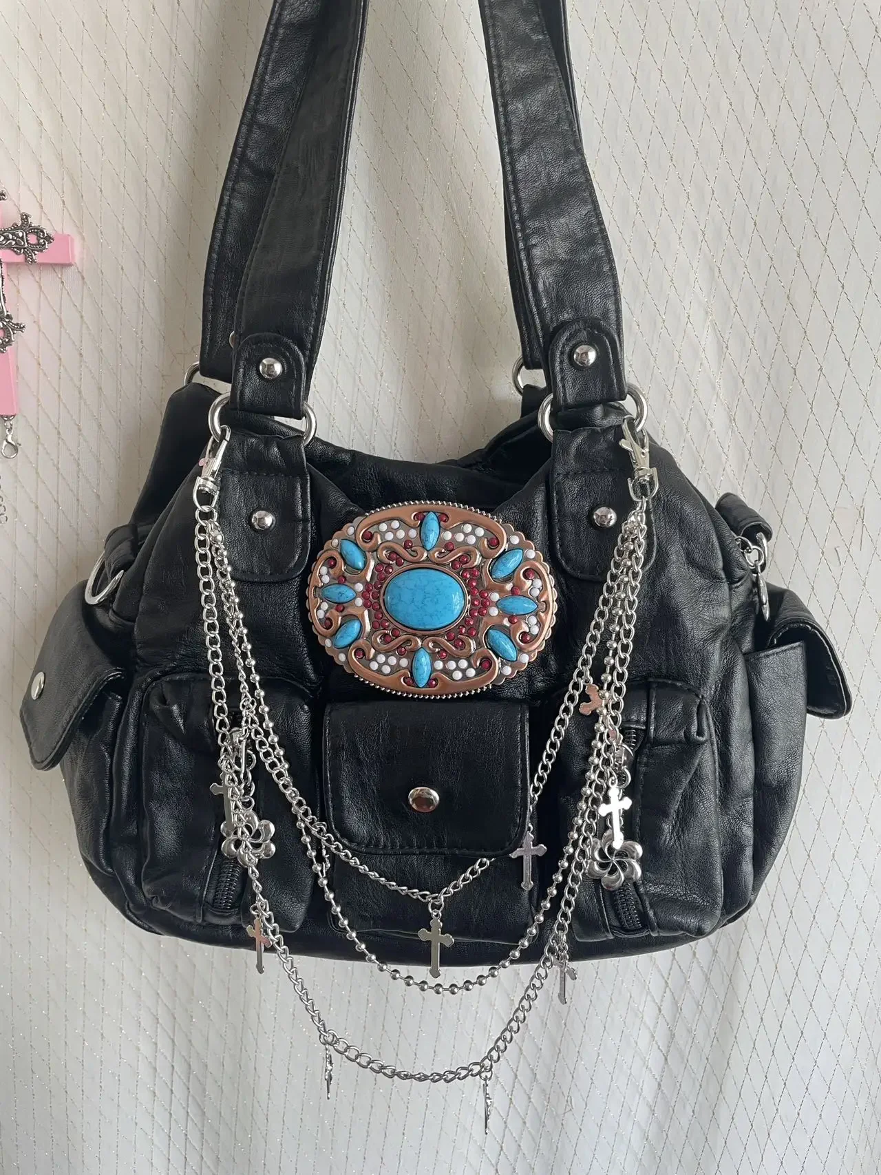 Black Faux Leather Gothic Cross Chain Tote Bag Y2K Grunge Handbag for Women Retro Western Turquoise Ornament Shoulder Hobo Bag