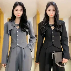 2024 Spring Set Office Ladies Casual Pants Women + Gray Slim Camisole + High Waist Long Sleeve Jacket Coat Work Three-piece Suit