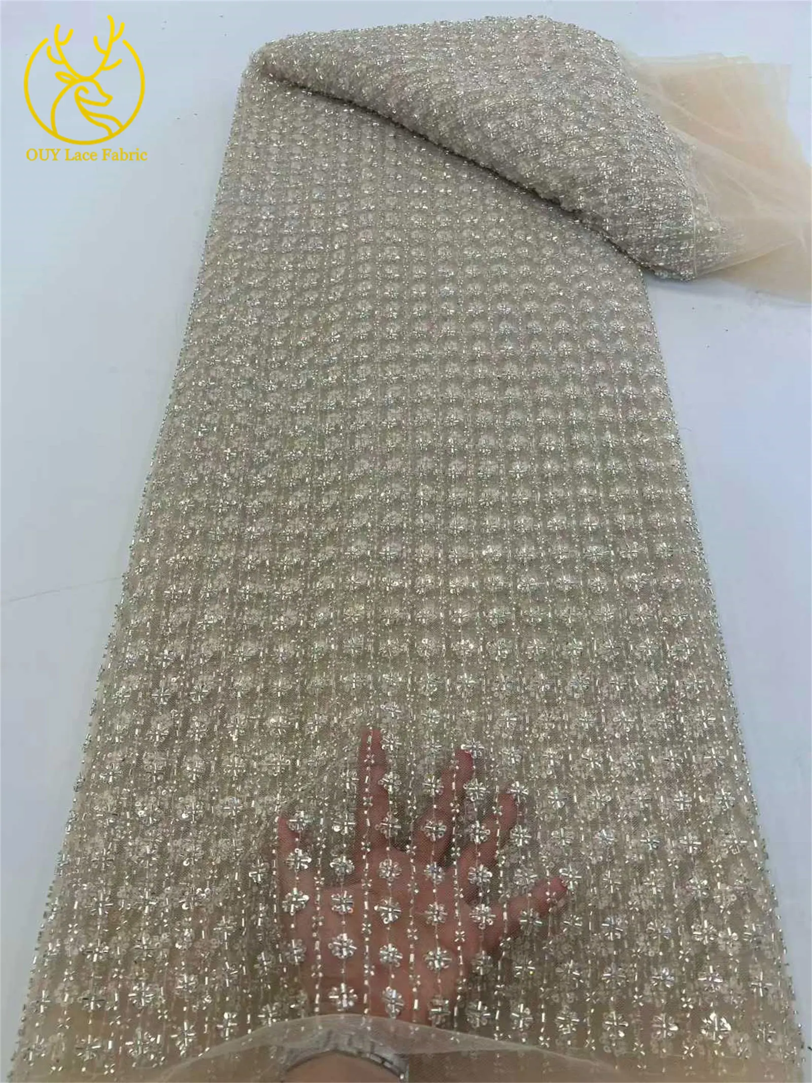 2026 Afrika handgemachte Perlen Spitze Stoff neueste Französisch Mesh Pailletten Spitze Stoff Nigeria Tüll Spitze Damen Party Kleid Material – Detail 8