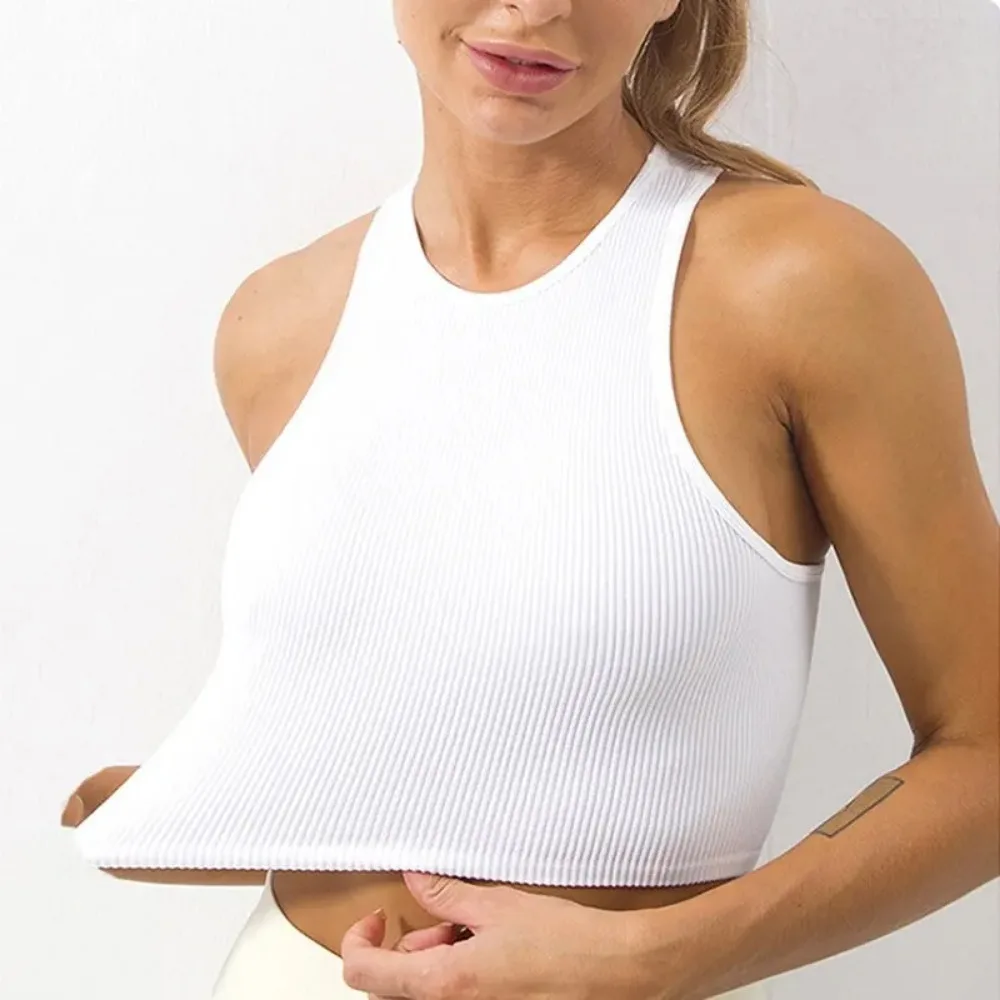 Жилет для йоги - Женская спортивная одежда - Черно-белый полосатый дизайн - Топ с короткими рукавами - Бесшовная конструкция - Уличная одежда